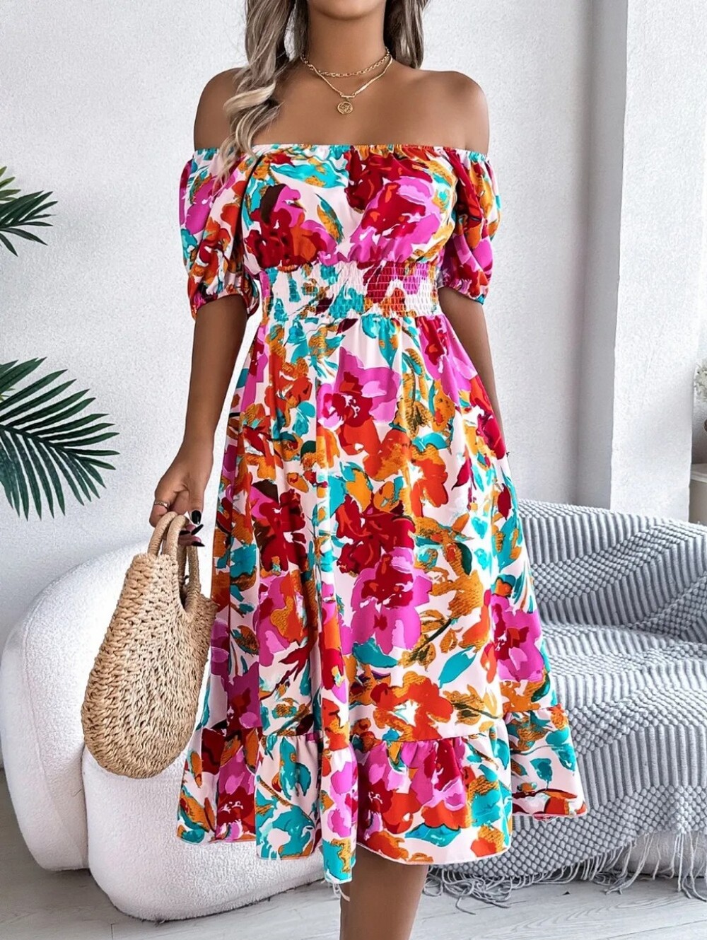 Women's Floral Off-Shoulder Ruffled Hem Dress